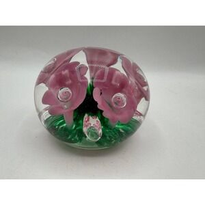 Joe Rice Paperweight Art Glass 1995 Pink Floral Green Base Signed Bubble